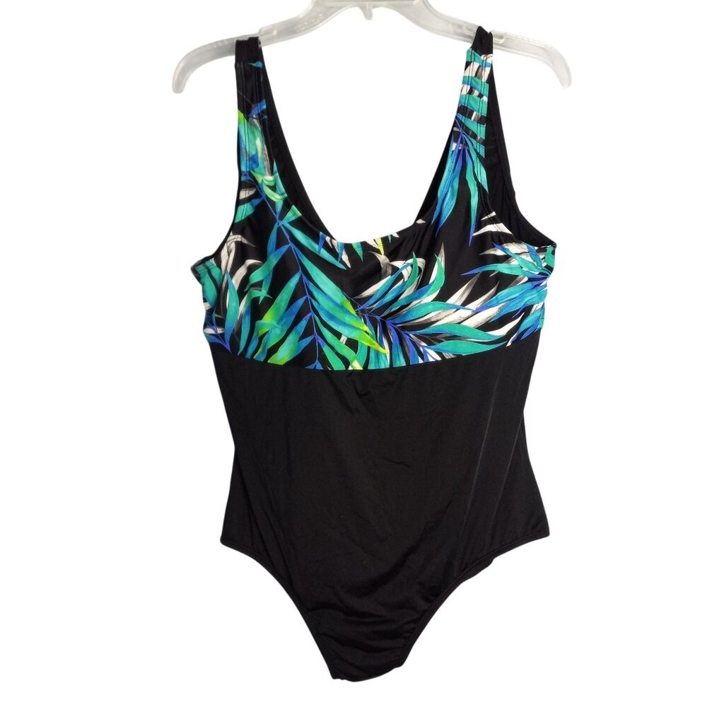 Bleu Ice Size 22 Swimsuit Womens Black Tropical Leaf Print One Piece Scoop Neck
